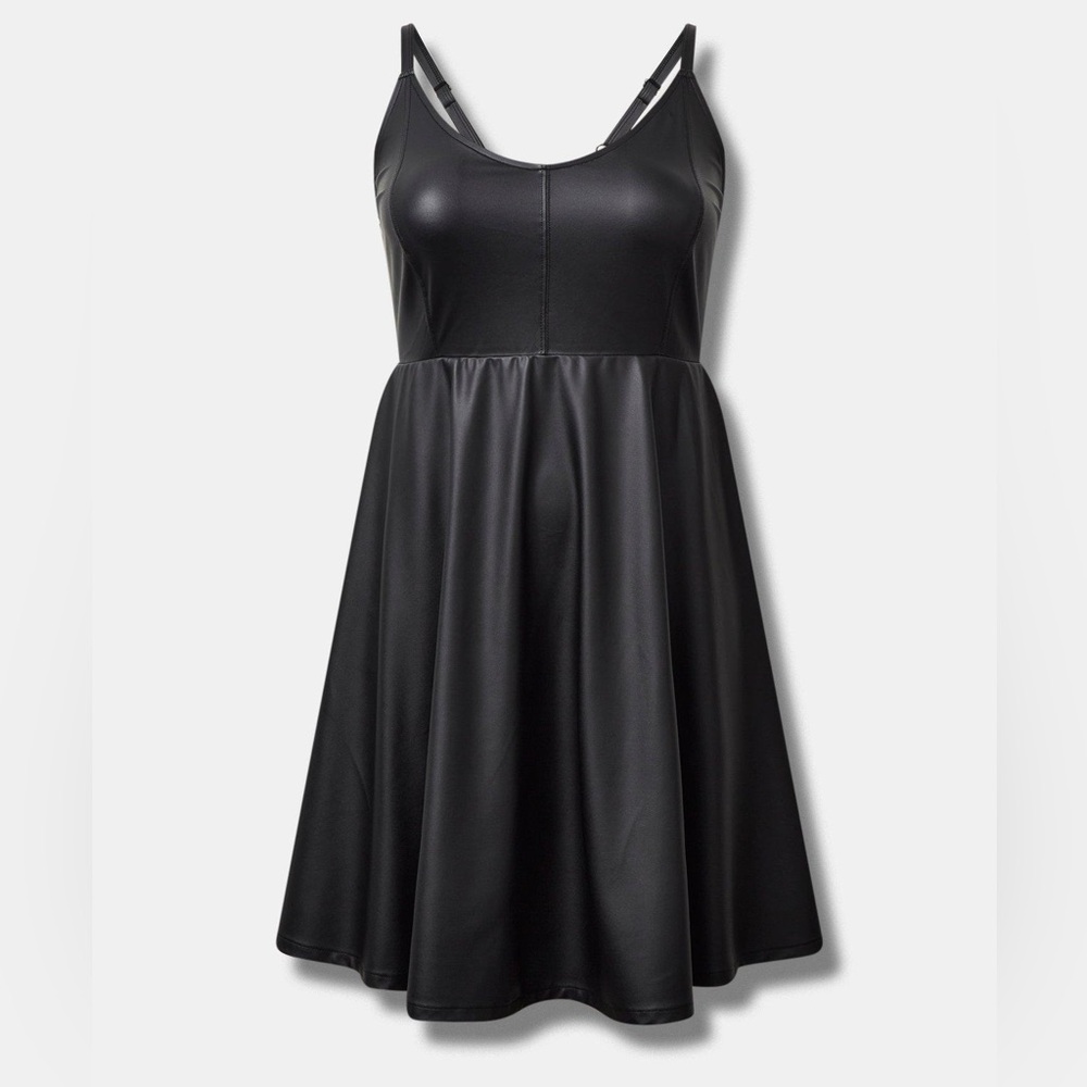 NWT torrid plus size 3 black At The Knee PU Cami Dress faux leather pockets